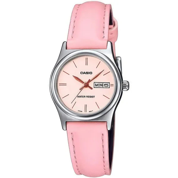 Casio LTP-V006L-4B női karóra, rózsaszín bőrszíj, 25 mm, dátum, WR30, ezüst tok