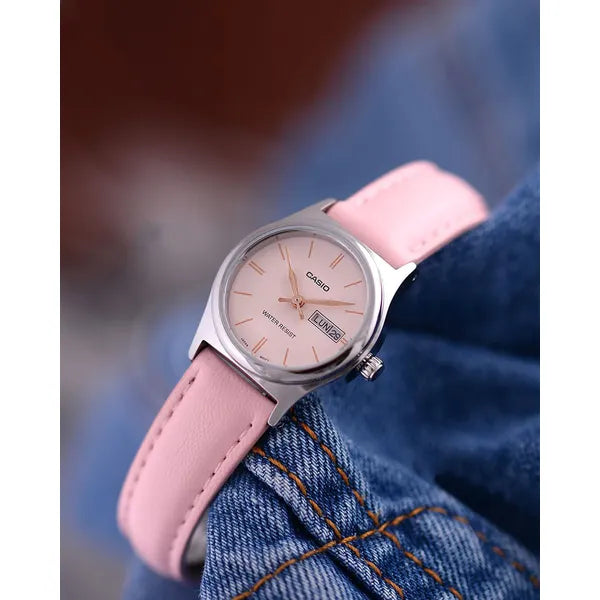 Casio LTP-V006L-4B női karóra, rózsaszín bőrszíj, 25 mm, dátum, WR30, ezüst tok