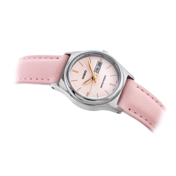 Casio LTP-V006L-4B női karóra, rózsaszín bőrszíj, 25 mm, dátum, WR30, ezüst tok