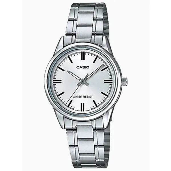 Casio LTP-V005D-7A női kvarcóra, acél karkötő, ezüst számlap, 28 mm, WR30