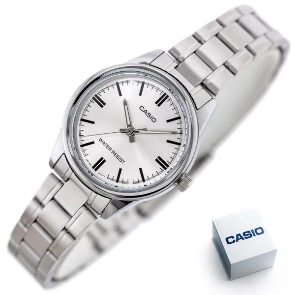 Casio LTP-V005D-7A női kvarcóra, acél karkötő, ezüst számlap, 28 mm, WR30
