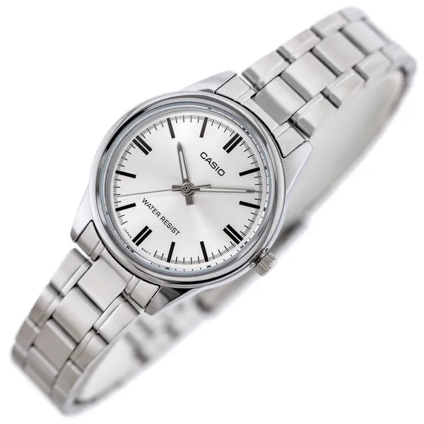 Casio LTP-V005D-7A női kvarcóra, acél karkötő, ezüst számlap, 28 mm, WR30