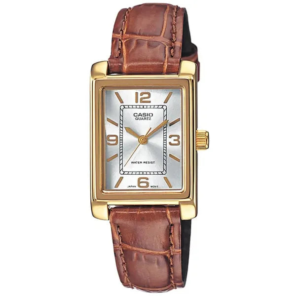 Casio LTP-1234GL-7AEG női kvarc karóra, arany téglalap tok, barna bőrszíj