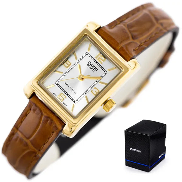Casio LTP-1234GL-7AEG női kvarc karóra, arany téglalap tok, barna bőrszíj