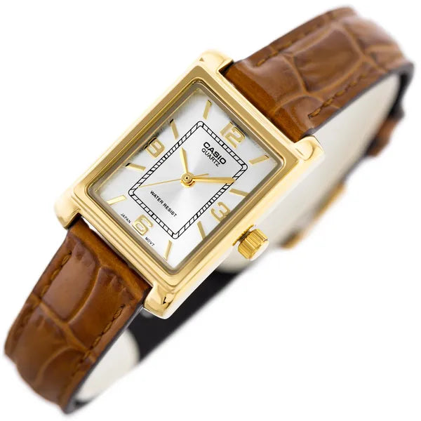 Casio LTP-1234GL-7AEG női kvarc karóra, arany téglalap tok, barna bőrszíj
