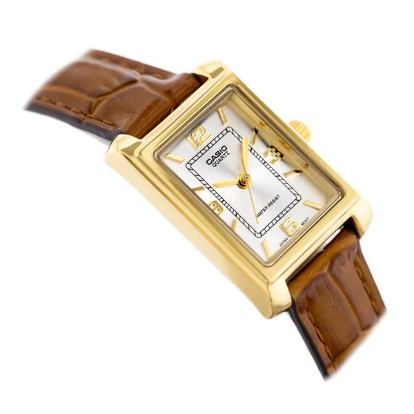 Casio LTP-1234GL-7AEG női kvarc karóra, arany téglalap tok, barna bőrszíj