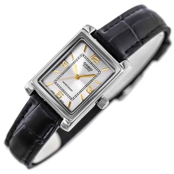 Casio LTP-1234PL-7A2EF női kvarc karóra, szögletes, ezüst, fekete bőrszíj, WR30