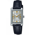 Casio LTP-1234PL-7A2EF női kvarc karóra, szögletes, ezüst, fekete bőrszíj, WR30