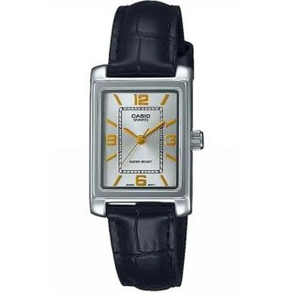 Casio LTP-1234PL-7A2EF női kvarc karóra, szögletes, ezüst, fekete bőrszíj, WR30