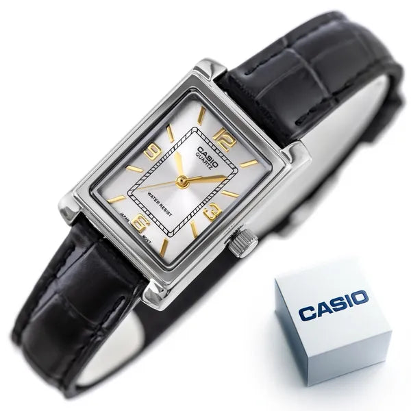 Casio LTP-1234PL-7A2EF női kvarc karóra, szögletes, ezüst, fekete bőrszíj, WR30