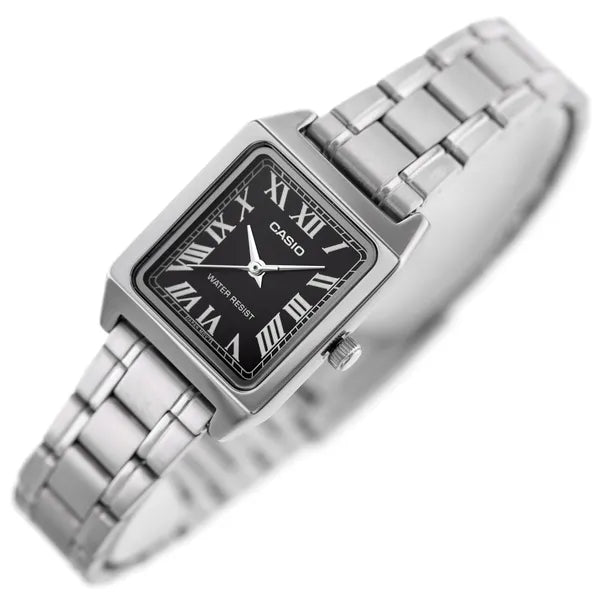 Casio LTP-V007D-1B női karóra, téglalap, fekete számlap, acél szíj