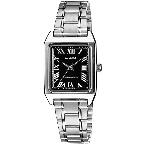 Casio LTP-V007D-1B női karóra, téglalap, fekete számlap, acél szíj