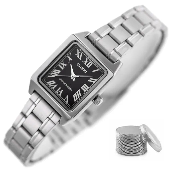 Casio LTP-V007D-1B női karóra, téglalap, fekete számlap, acél szíj