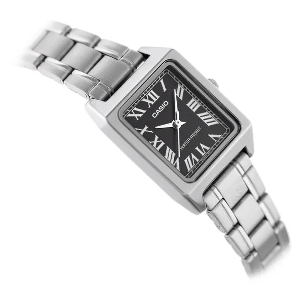 Casio LTP-V007D-1B női karóra, téglalap, fekete számlap, acél szíj