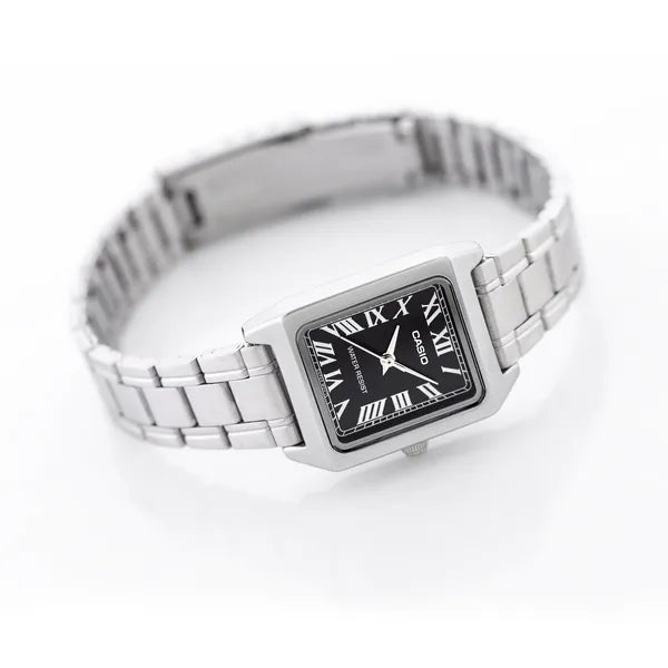 Casio LTP-V007D-1B női karóra, téglalap, fekete számlap, acél szíj