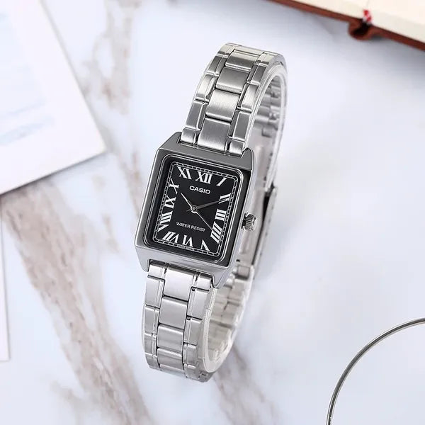 Casio LTP-V007D-1B női karóra, téglalap, fekete számlap, acél szíj