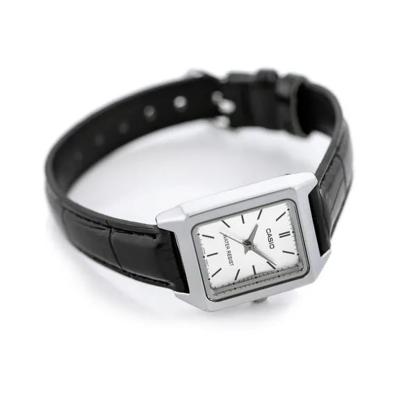 Casio LTP-V007L-7E1 női karóra, téglalap tok, fekete bőrszíj, ezüst számlap