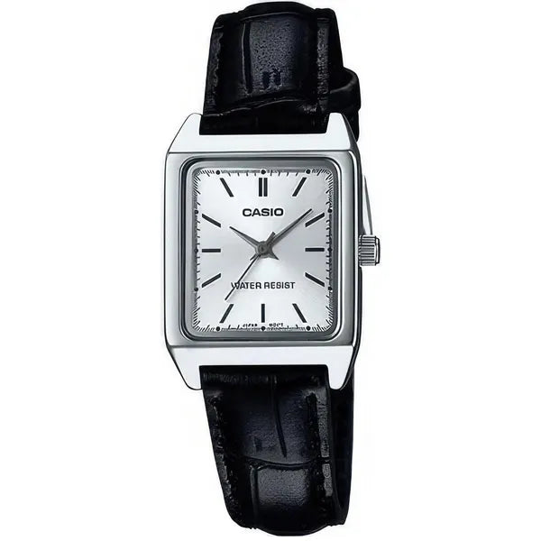 Casio LTP-V007L-7E1 női karóra, téglalap tok, fekete bőrszíj, ezüst számlap