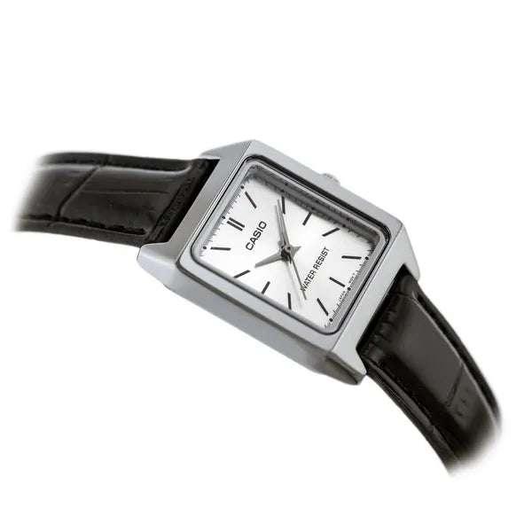 Casio LTP-V007L-7E1 női karóra, téglalap tok, fekete bőrszíj, ezüst számlap