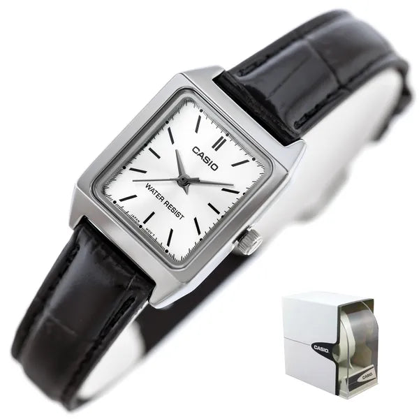 Casio LTP-V007L-7E1 női karóra, téglalap tok, fekete bőrszíj, ezüst számlap
