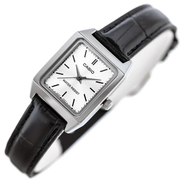 Casio LTP-V007L-7E1 női karóra, téglalap tok, fekete bőrszíj, ezüst számlap