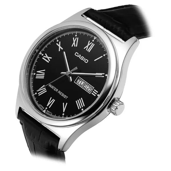 Casio MTP-V006L-1B férfi kvarc karóra, fekete számlap, bőr szíj, WR30, díszdoboz