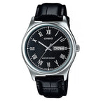 Casio MTP-V006L-1B férfi kvarc karóra, fekete számlap, bőr szíj, WR30, díszdoboz