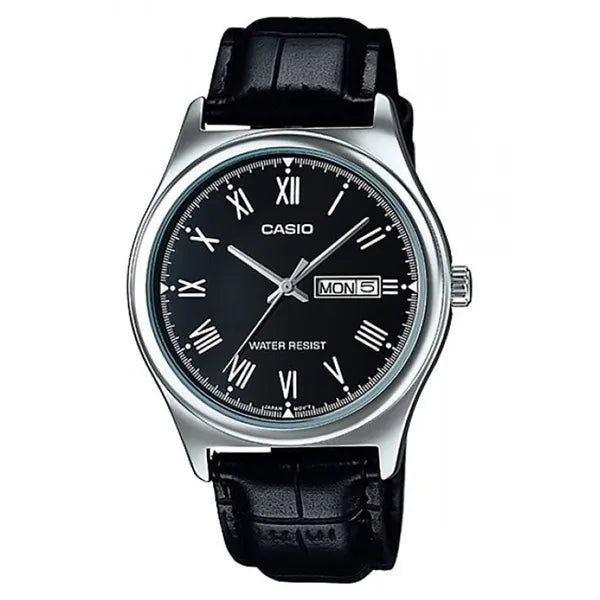 Casio MTP-V006L-1B férfi kvarc karóra, fekete számlap, bőr szíj, WR30, díszdoboz