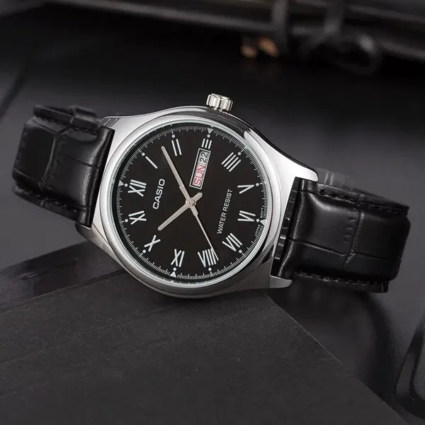 Casio MTP-V006L-1B férfi kvarc karóra, fekete számlap, bőr szíj, WR30, díszdoboz
