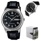 Casio MTP-V006L-1B férfi kvarc karóra, fekete számlap, bőr szíj, WR30, díszdoboz