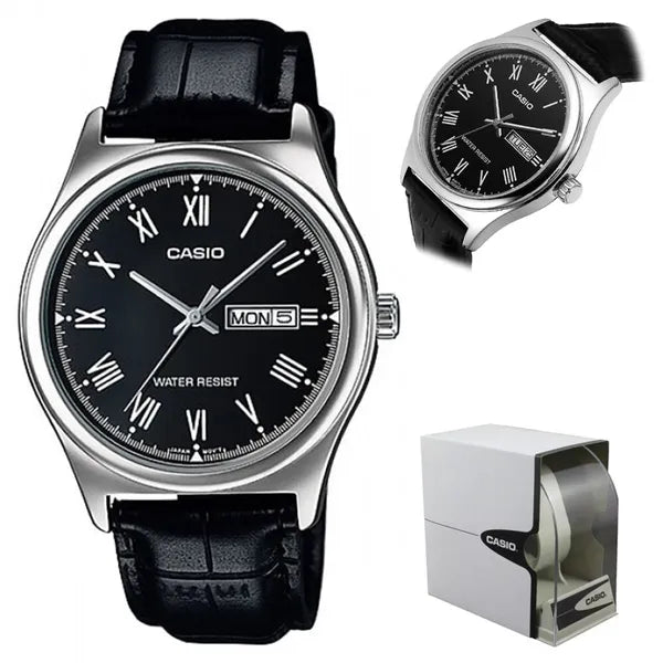 Casio MTP-V006L-1B férfi kvarc karóra, fekete számlap, bőr szíj, WR30, díszdoboz