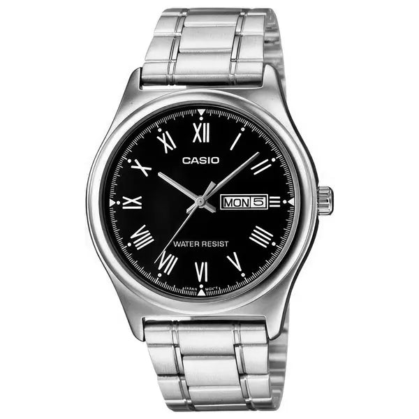 Casio MTP-V006D-1B férfi karóra, fekete számlap, acél szíj, 38 mm, WR30