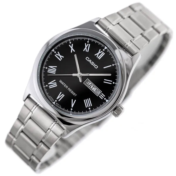 Casio MTP-V006D-1B férfi karóra, fekete számlap, acél szíj, 38 mm, WR30