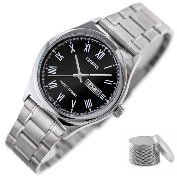 Casio MTP-V006D-1B férfi karóra, fekete számlap, acél szíj, 38 mm, WR30