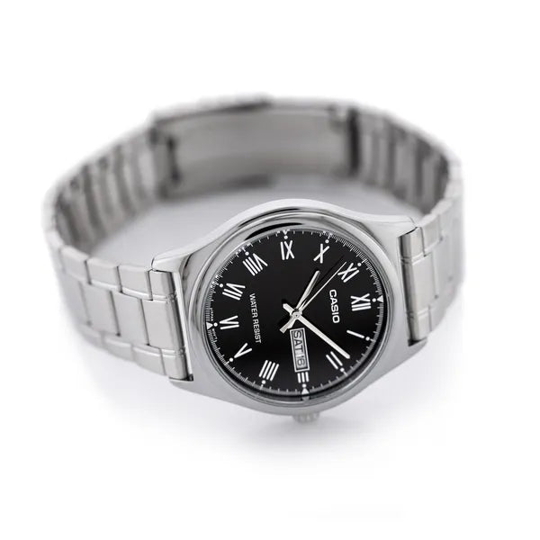 Casio MTP-V006D-1B férfi karóra, fekete számlap, acél szíj, 38 mm, WR30