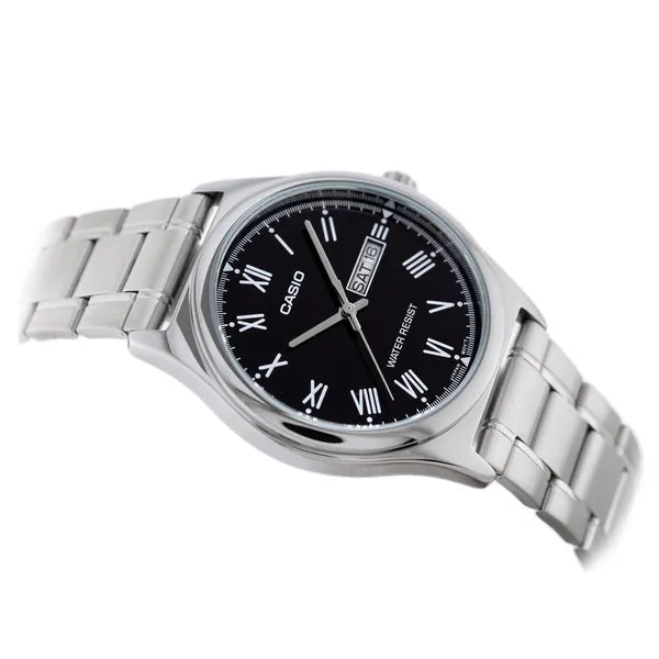 Casio MTP-V006D-1B férfi karóra, fekete számlap, acél szíj, 38 mm, WR30