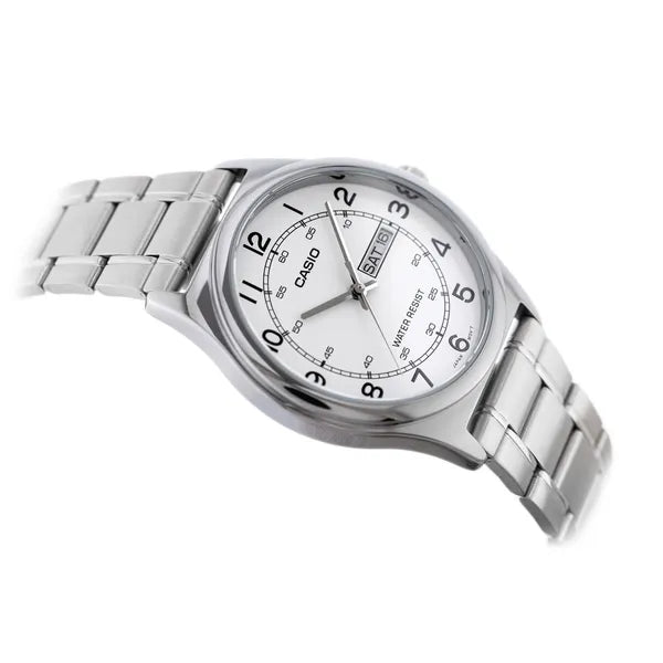 Casio MTP-V006D-7B2 férfi karóra, acél szíj, fehér számlap, dátum, WR30, kvarc