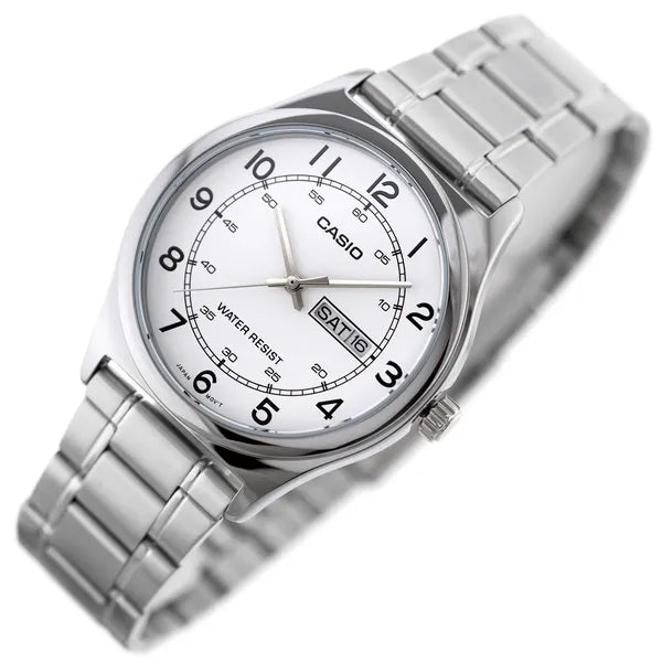 Casio MTP-V006D-7B2 férfi karóra, acél szíj, fehér számlap, dátum, WR30, kvarc