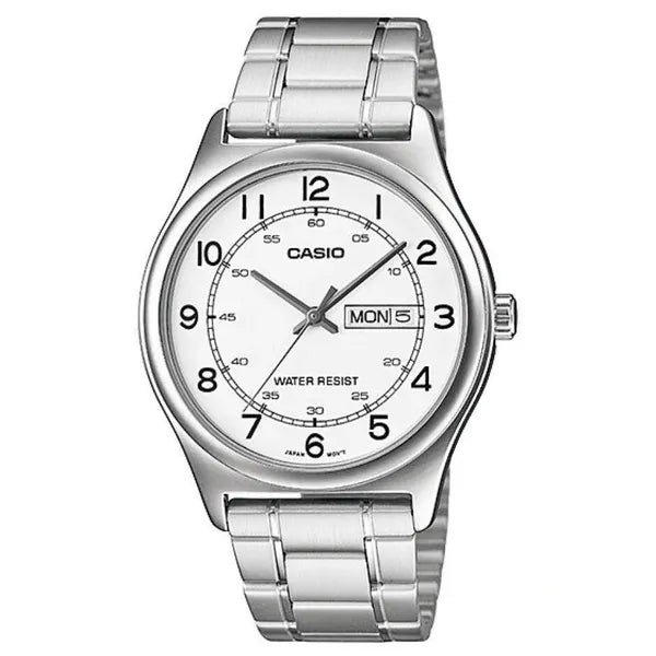 Casio MTP-V006D-7B2 férfi karóra, acél szíj, fehér számlap, dátum, WR30, kvarc