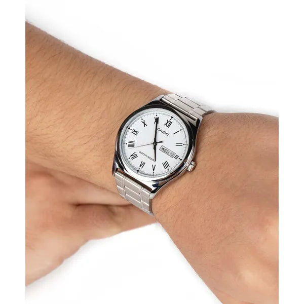 Casio MTP-V006D-7B2 férfi karóra, acél szíj, fehér számlap, dátum, WR30, kvarc