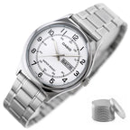 Casio MTP-V006D-7B2 férfi karóra, acél szíj, fehér számlap, dátum, WR30, kvarc