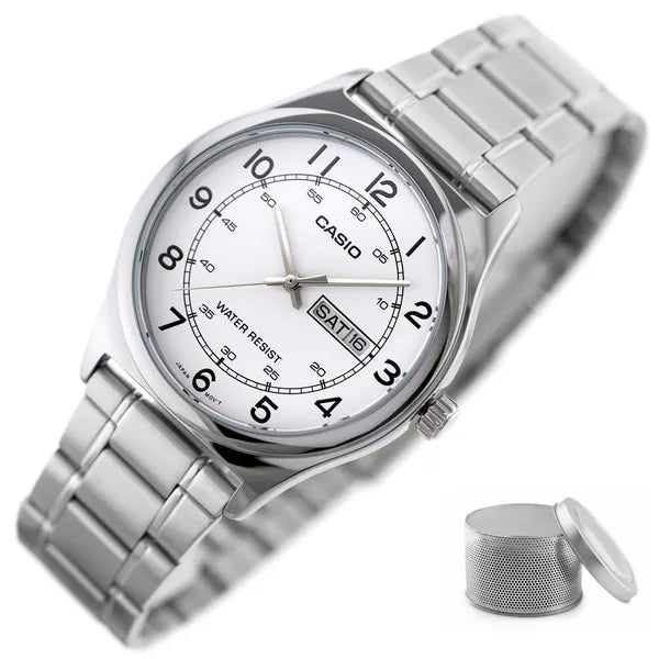 Casio MTP-V006D-7B2 férfi karóra, acél szíj, fehér számlap, dátum, WR30, kvarc