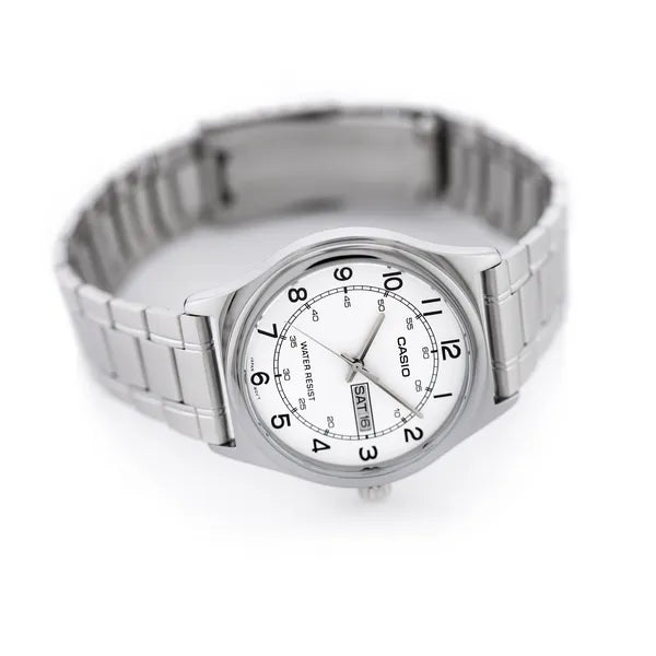 Casio MTP-V006D-7B2 férfi karóra, acél szíj, fehér számlap, dátum, WR30, kvarc