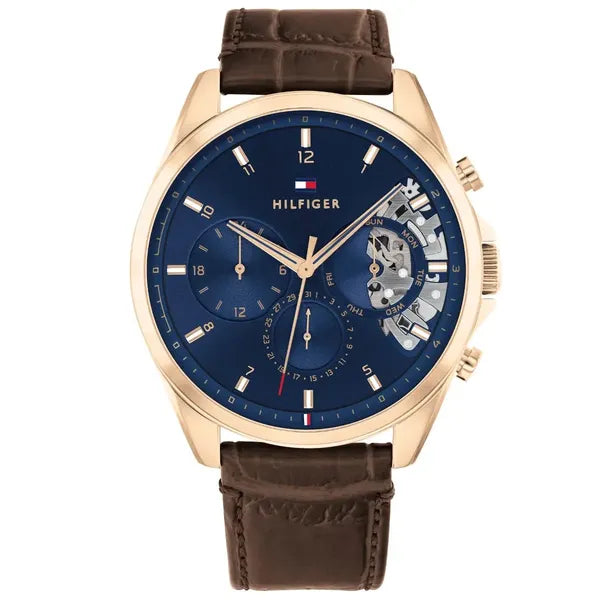 Tommy Hilfiger Baker férfi kvarc karóra 44 mm, bőrszíj, kék/rosegold