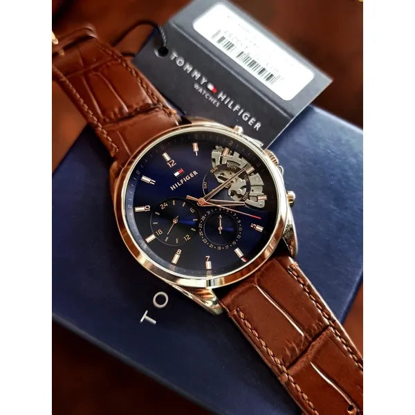 Tommy Hilfiger Baker férfi kvarc karóra 44 mm, bőrszíj, kék/rosegold