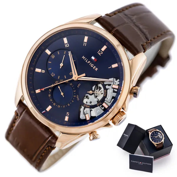 Tommy Hilfiger Baker férfi kvarc karóra 44 mm, bőrszíj, kék/rosegold