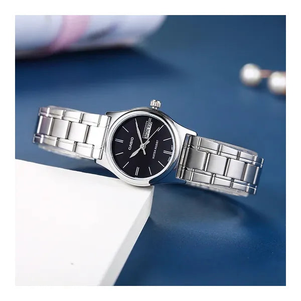 Casio LTP-V006D-1B2 női karóra, rozsdamentes acél, fekete számlap, dátum, WR30