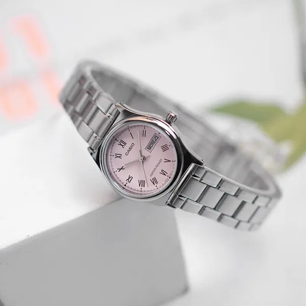 Casio LTP-V006D-4B női karóra, acél szíj, rózsaszín számlap, dátum, WR30, 25 mm