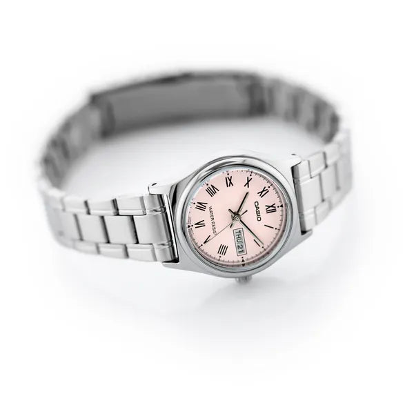 Casio LTP-V006D-4B női karóra, acél szíj, rózsaszín számlap, dátum, WR30, 25 mm