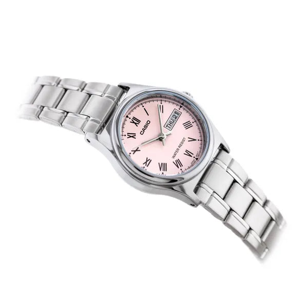Casio LTP-V006D-4B női karóra, acél szíj, rózsaszín számlap, dátum, WR30, 25 mm